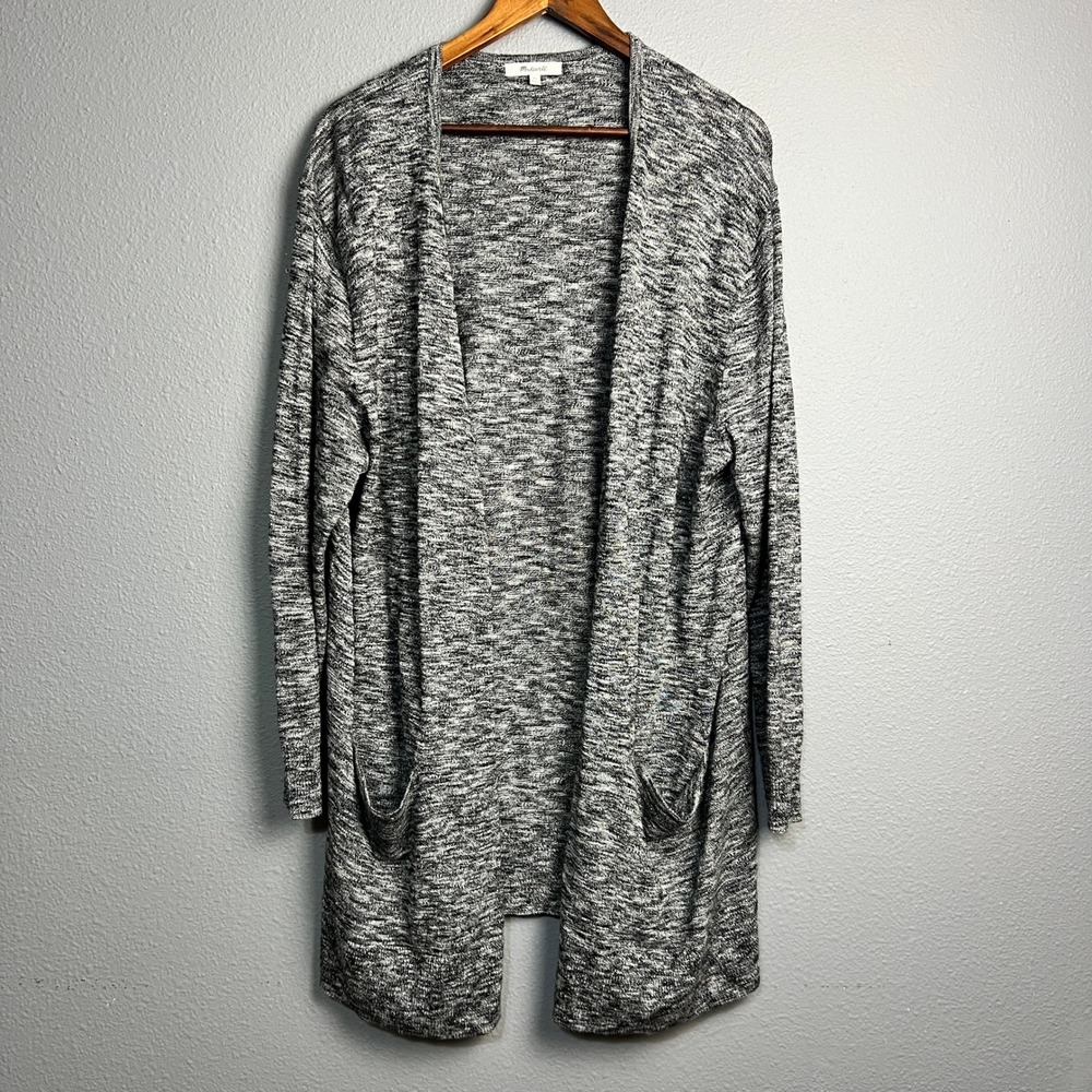 Madewell Marled Knit Open Front Long Cozy Cardigan Sweater XL Gray Black White